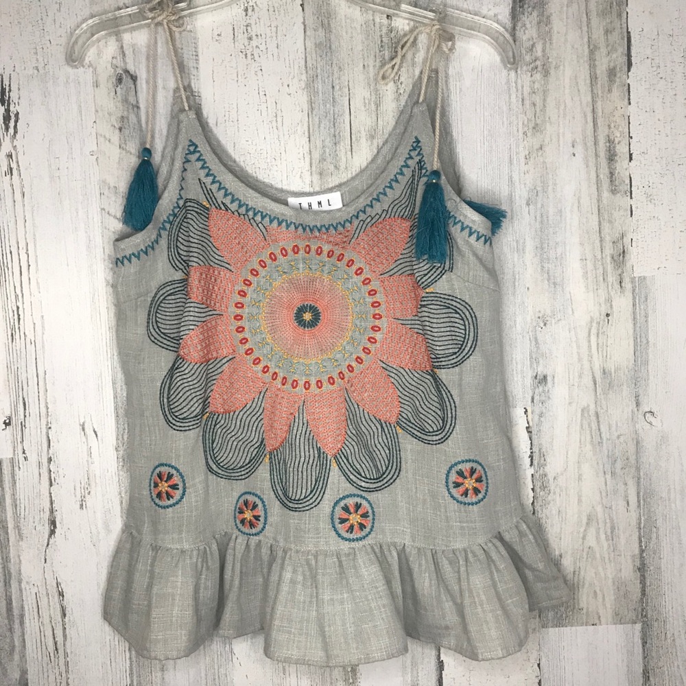 NWT THML Embroidered Top Boho Tassels Ruffle XS